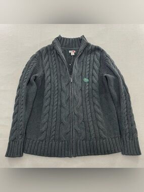 LL Bean Cardigan Large Gray Double L Cable Knit Zip Outdoor Comfort Cabin Core